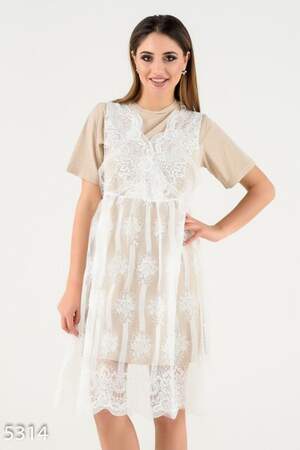 Коричневое платье-футболка с верхним кружевным платьицем Коричневое платье-футболка с верхним кружевным платьицем