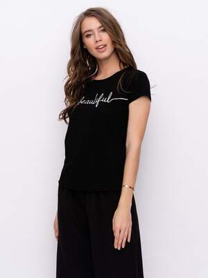 Черная хлопковая футболка с блестящей надписью