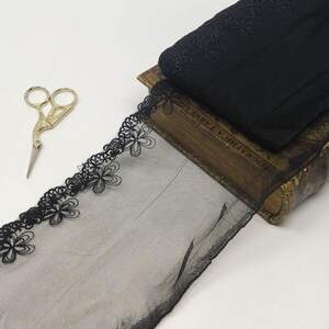 (1 метр) Кружево на сетке (фатине) Sindtex 6 см Цвет - Черный (77М-LZ148-3)