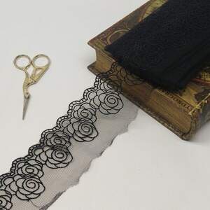 (1 метр) Кружево на сетке (фатине) Sindtex 6см Цвет - Черный (77М-LZ129-3)