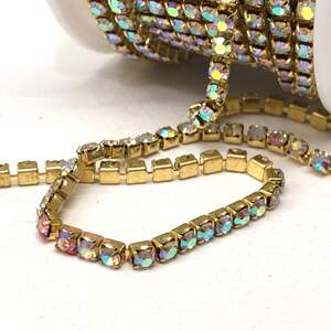 1м - Стразовая цепь SS12 (3 мм) Кристалл с покрытием АВ в золоте