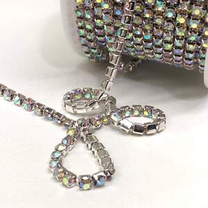 1м - Стразовая цепь SS12 (3мм), Кристалл с покрытием АВ в серебре