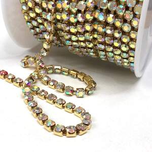 1м - Стразовая цепь SS16 (4мм), Кристалл с покрытием АВ в золоте