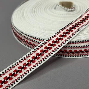 2 см Тесьма национальная с орнаментом - белая с красным