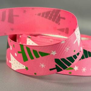 2,5 см Лента репсовая с принтом на метраж - #710 розовая с елками