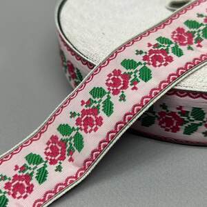 3 см Тесьма национальная с орнаментом - розы малиновые