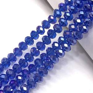 Бусины хрустальные рондель 8х6мм, нить-65 шт, синий прозрачный с покрытием АВ
