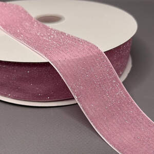 Бархатная лента с люрексом серебро 4 см 22 м - розовый