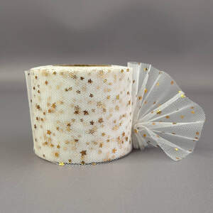 Фатин в рулонах 6см, моток 22 м - белый теплый с золотыми звездами