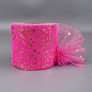 Фатин в рулонах 6см, моток 22 м - розовый яркий с золотыми звездами