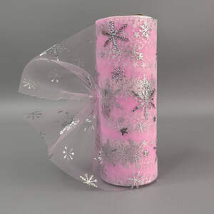 Фатин в рулоне с напылением снежинки 15см, моток 9 м - розовый