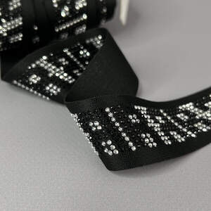 Лампасная тесьма трикотажная 3 см - черная со стразами серебро, узоры