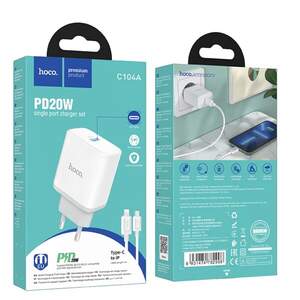 Зарядний пристрій із швидкою зарядкою PD20W + кабель Lightning HOCO C104A Зарядний пристрій із швидкою зарядкою PD20W + кабель Lightning HOCO C104A