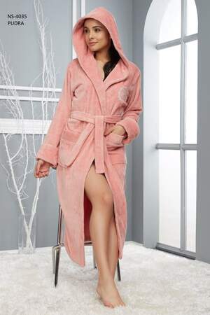 Халат жіночий довгий з капюшоном Nusa 4035 K. Pudra